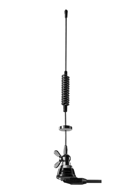 Antenne de voiture noir et argent avec ressort et base magnétique.