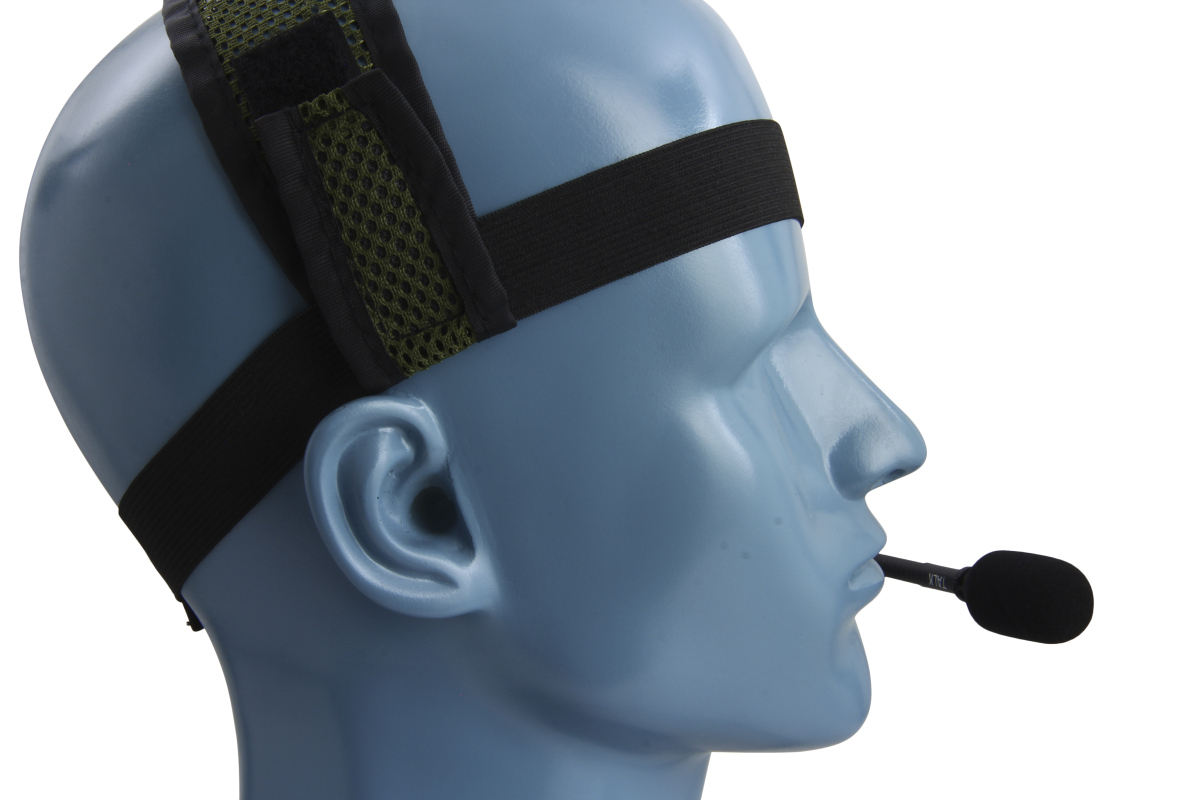 Buste bleue avec bandeau et micro.