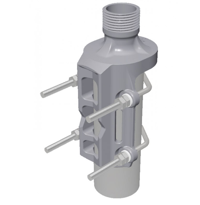 Pièce mécanique grise, allongée, avec filetage et quatre boulons latéraux