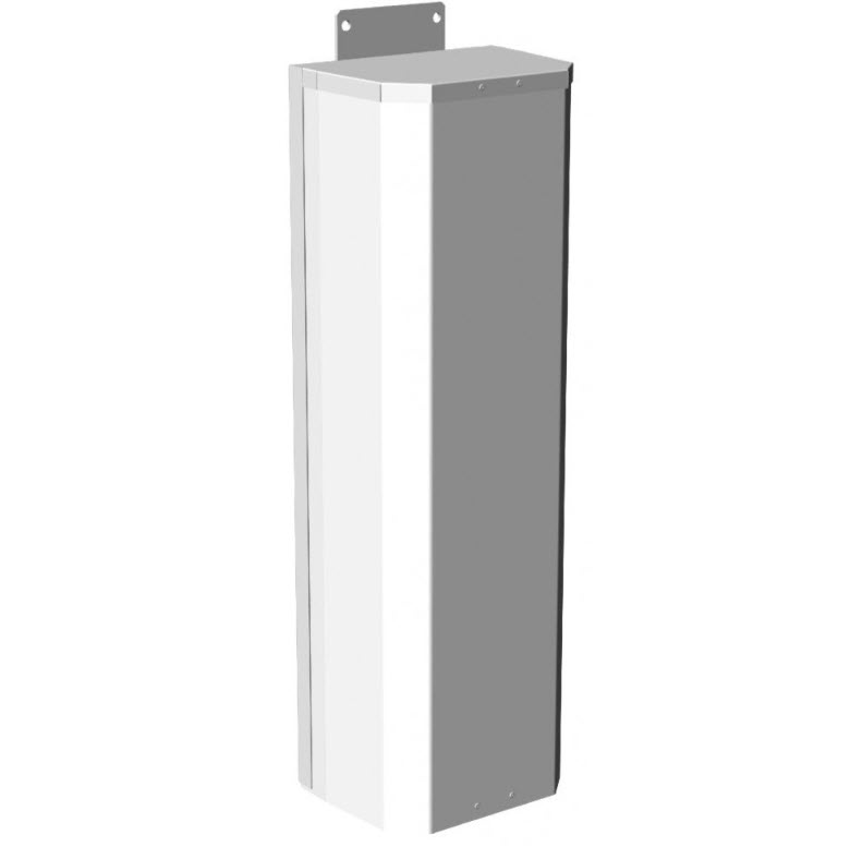 Witte verticale metalen doos met montagebeugels aan de achterkant.