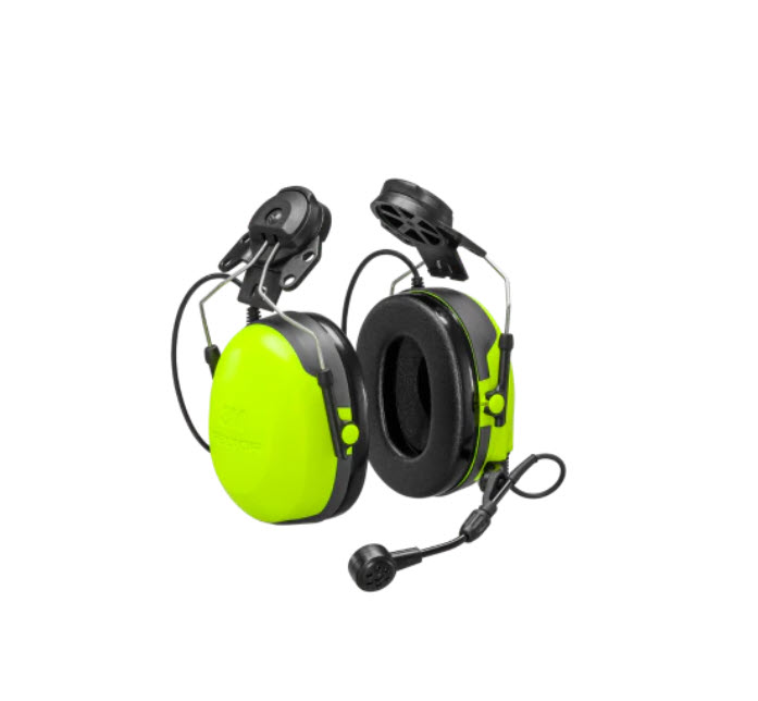 7000_00753716_MOT_01.jpg Neongroene gehoorbescherming met microfoon, geschikt voor helmbevestiging.