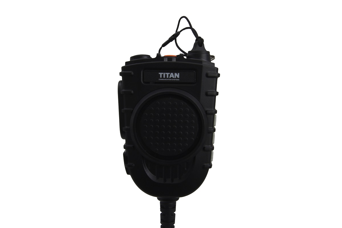 Black walkie-talkie with a circular speaker and cable connection.