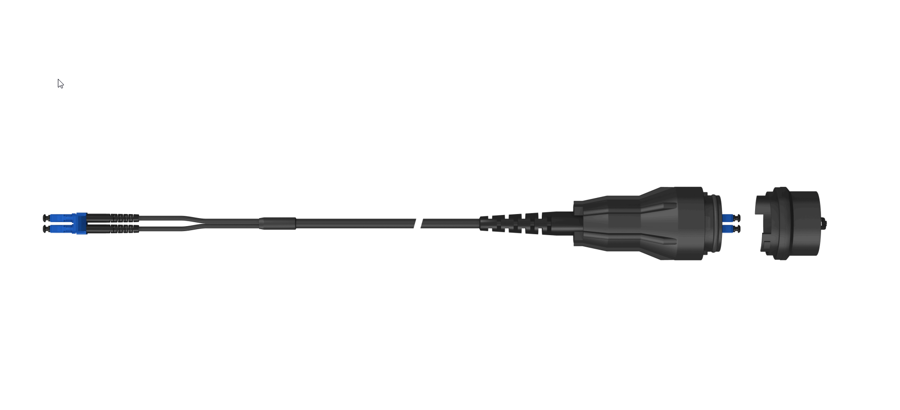 Fiber optic cable with blue connectors and black protective cover.