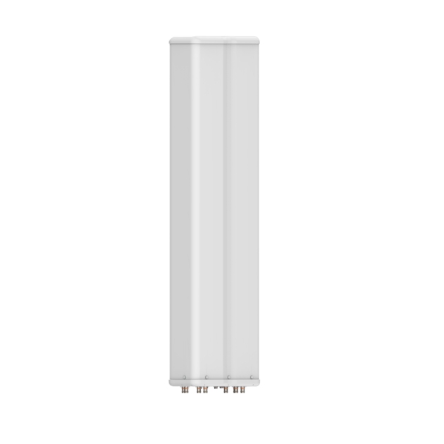 Witte rechthoekige antenne met platte randen en vier bevestigingspunten aan de onderkant.