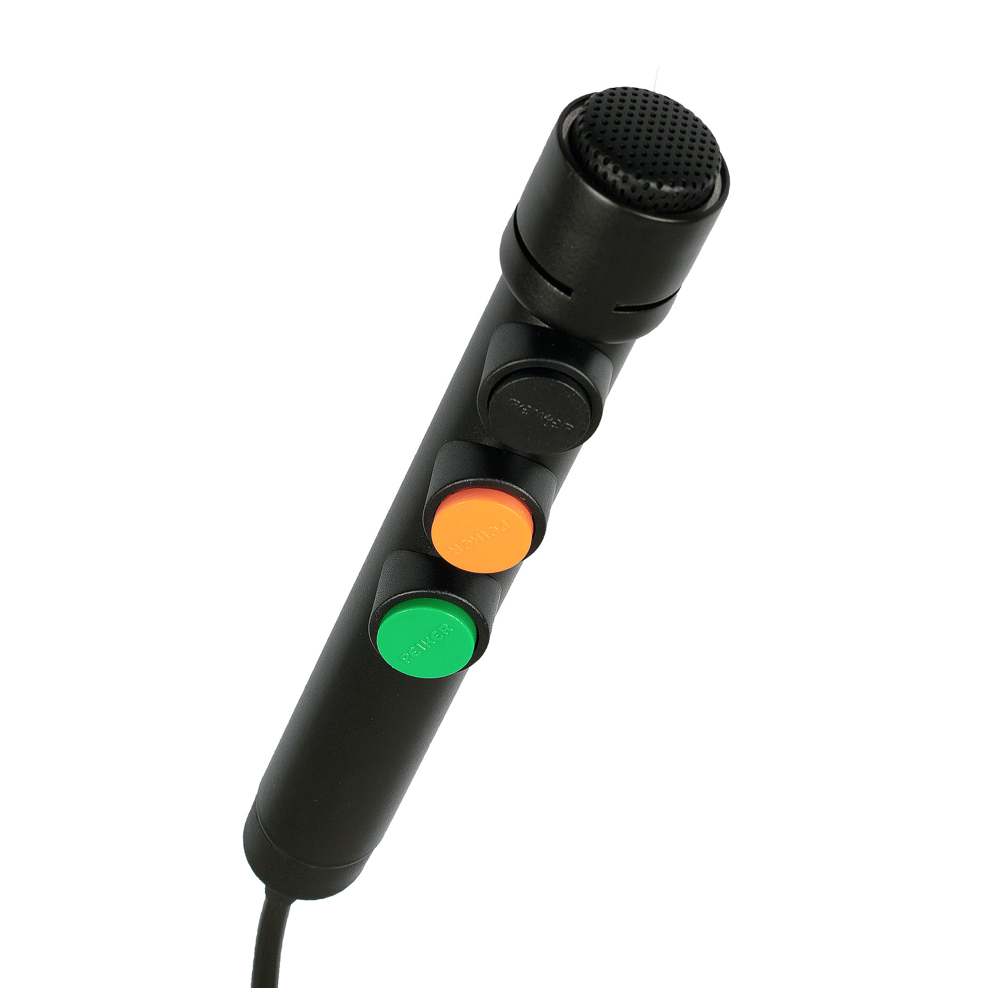 Black microphone with green, orange, and black buttons.
