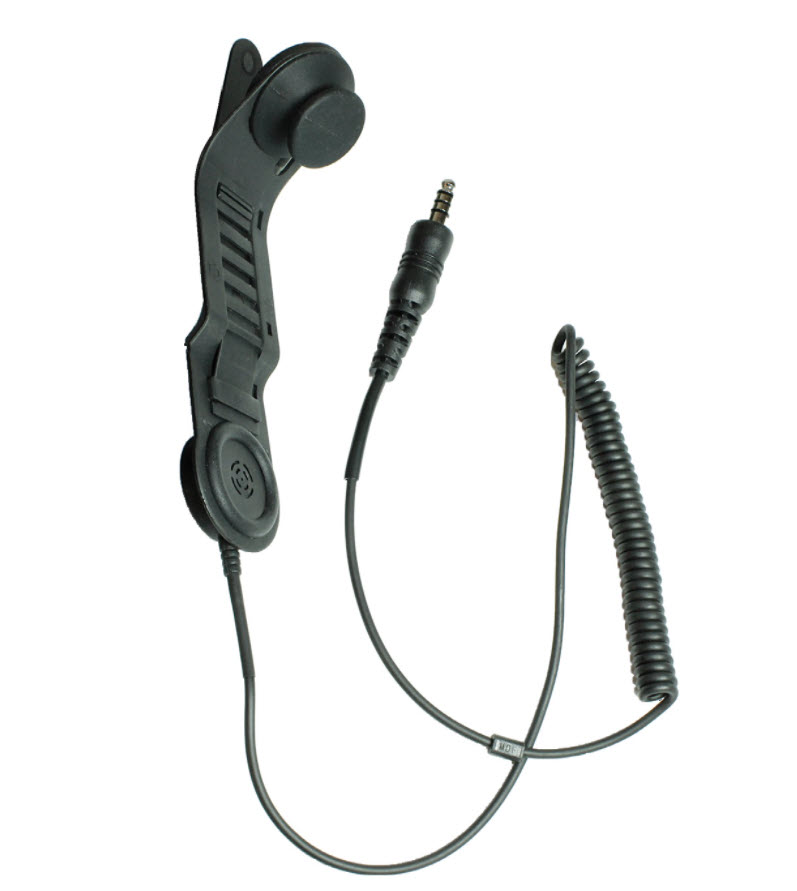 Black telephone handset with coiled cable and 3.5 mm jack plug.