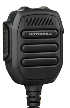 Zwart draagbaar radiomicrofoon met Motorola-logo.