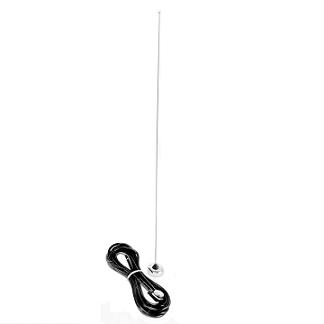 Lange staafantenne met lang zwart snoer naast de basis.
