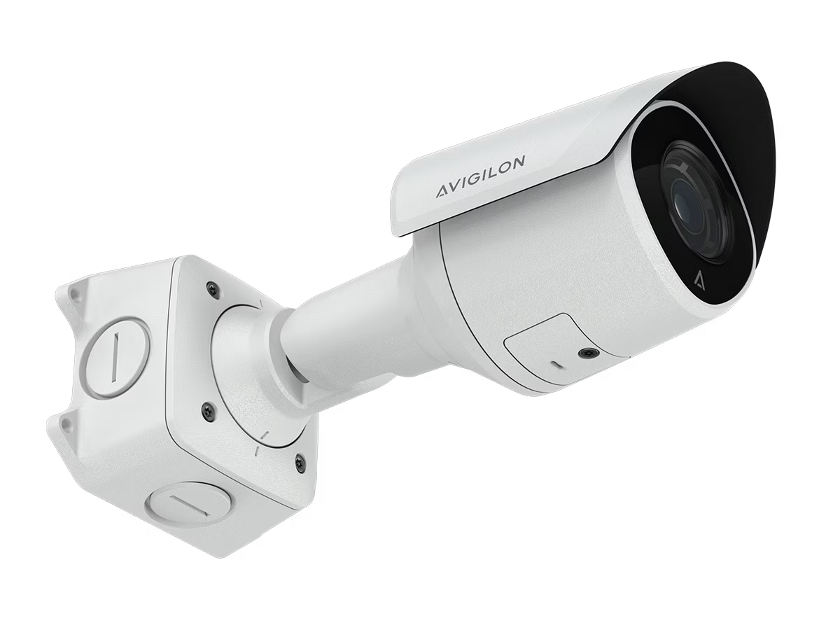 Witte beveiligingscamera met monteerbare arm.