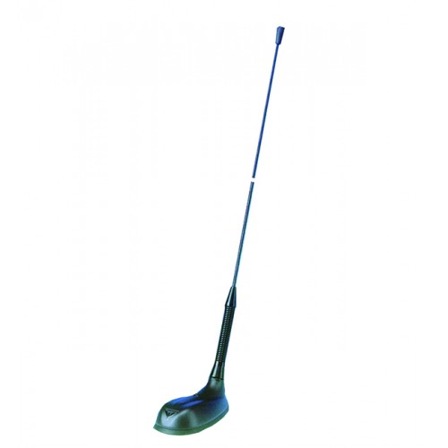 Zwarte autoantenne met flexibele basis en lange staaf.