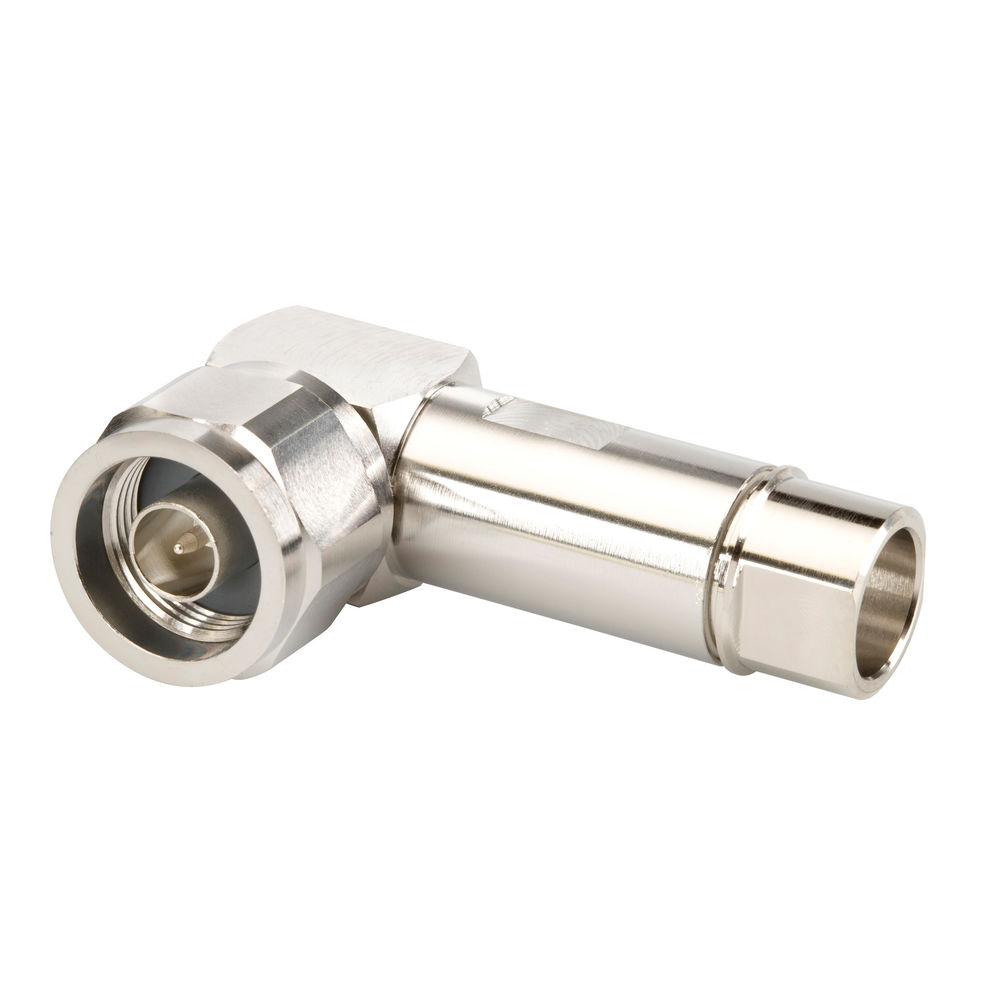 Metal right-angle connector with internal thread on white background.