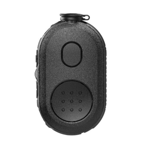 Black oval device with two buttons on front, top small, bottom larger.