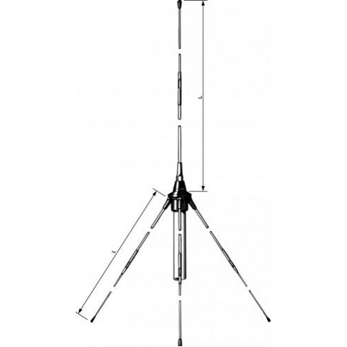 Telescoopantenne met verticale en horizontale elementen, afmetingen in centimeters.