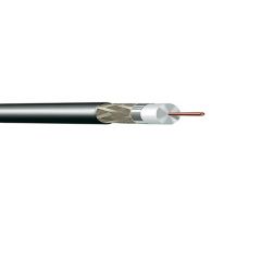 Close-up of a coaxial cable with black casing and copper wire core.