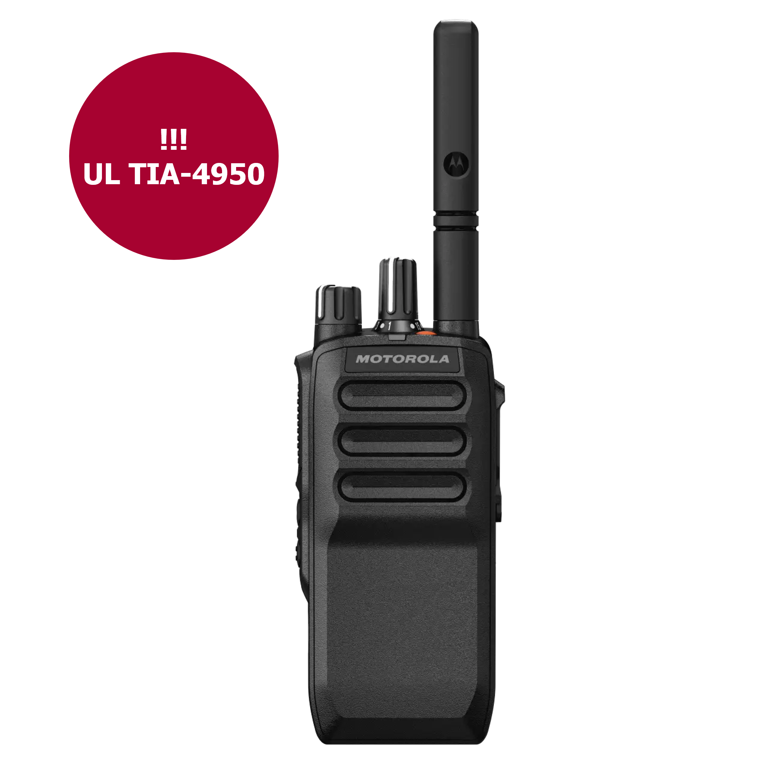 Handradio met Motorola-logo, rode melding voor UL TIA-4950 norm.