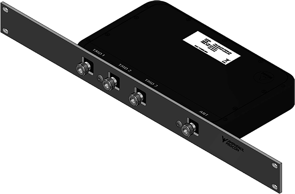 PRO 19", 1U, mounting plate F incl. screws for PRO-ISO-PHY-S3, front connection Zwarte rackeenheid met drie coaxiale aansluitingen en etiket.