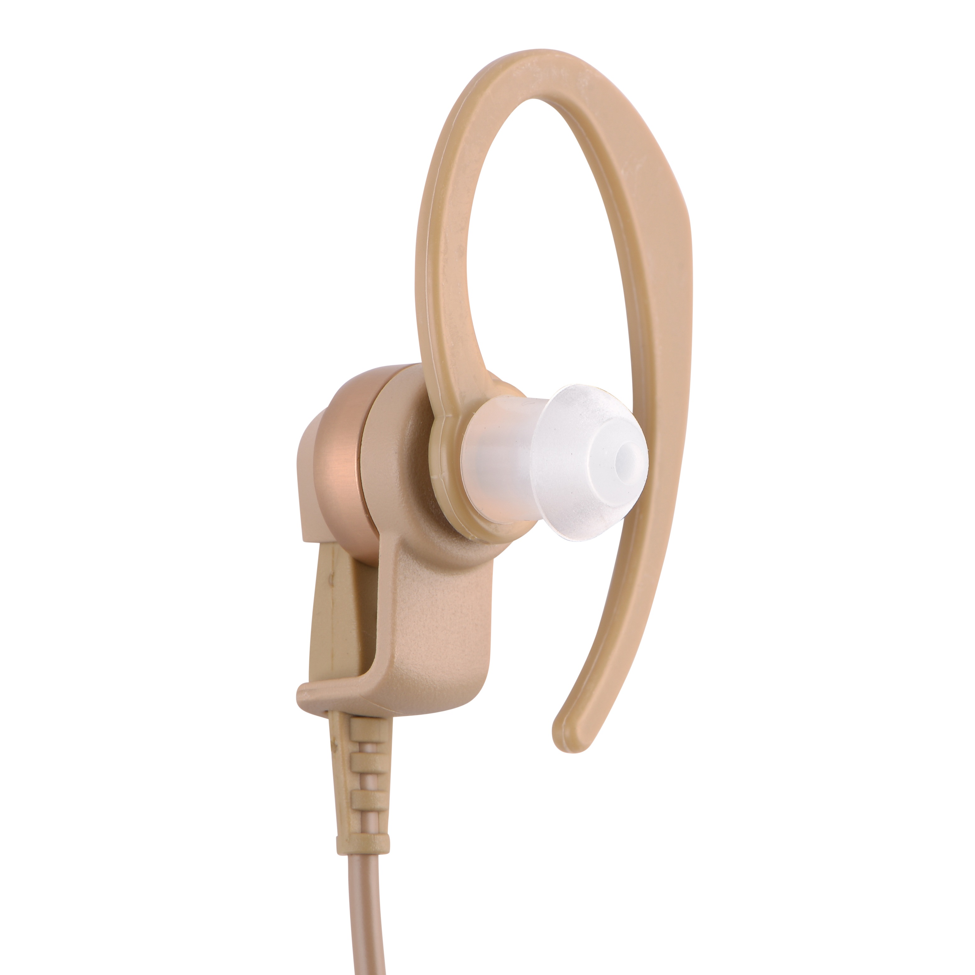 Beige earphone with transparent ear tip and ear hook.