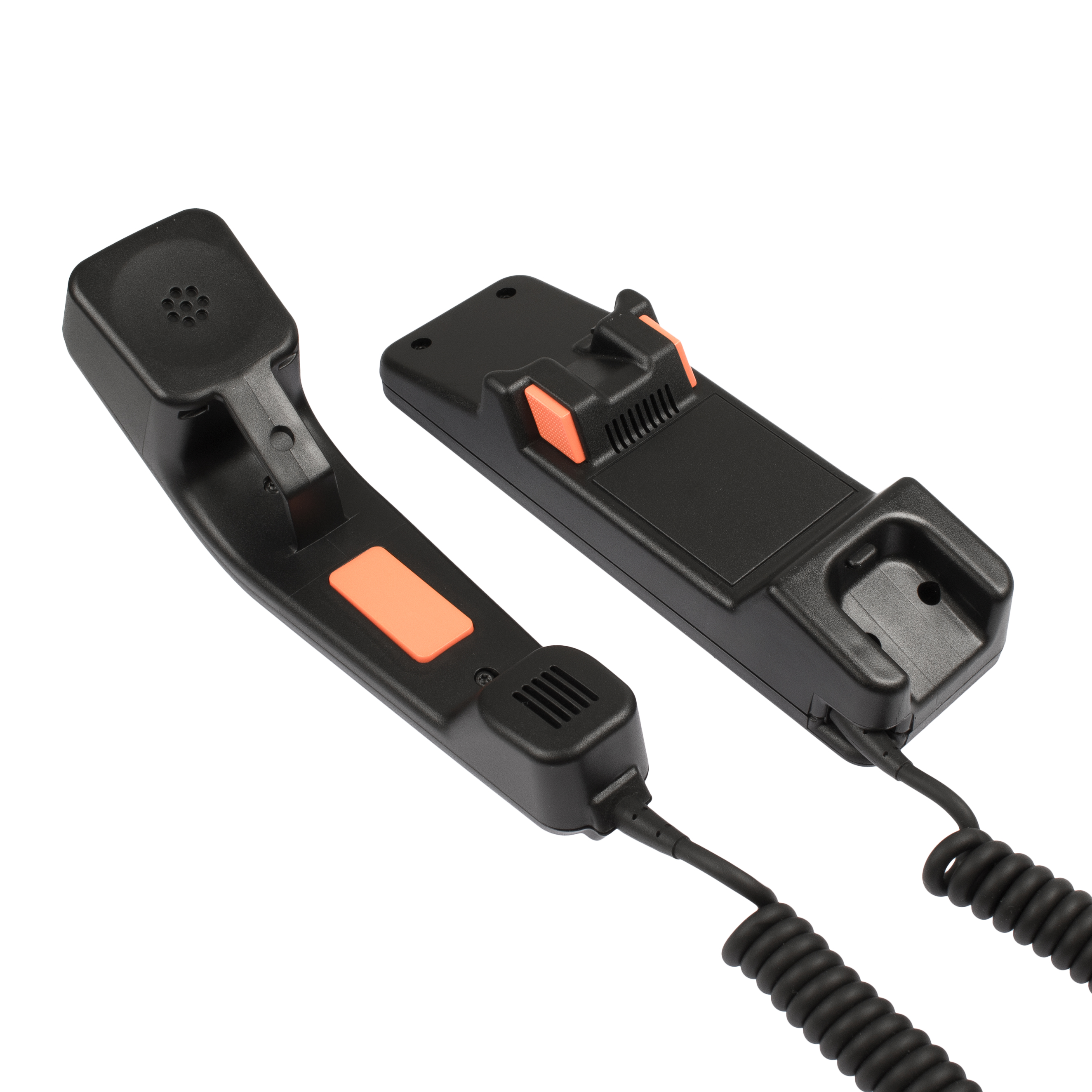 Black telephone handset with orange buttons separate from base unit.