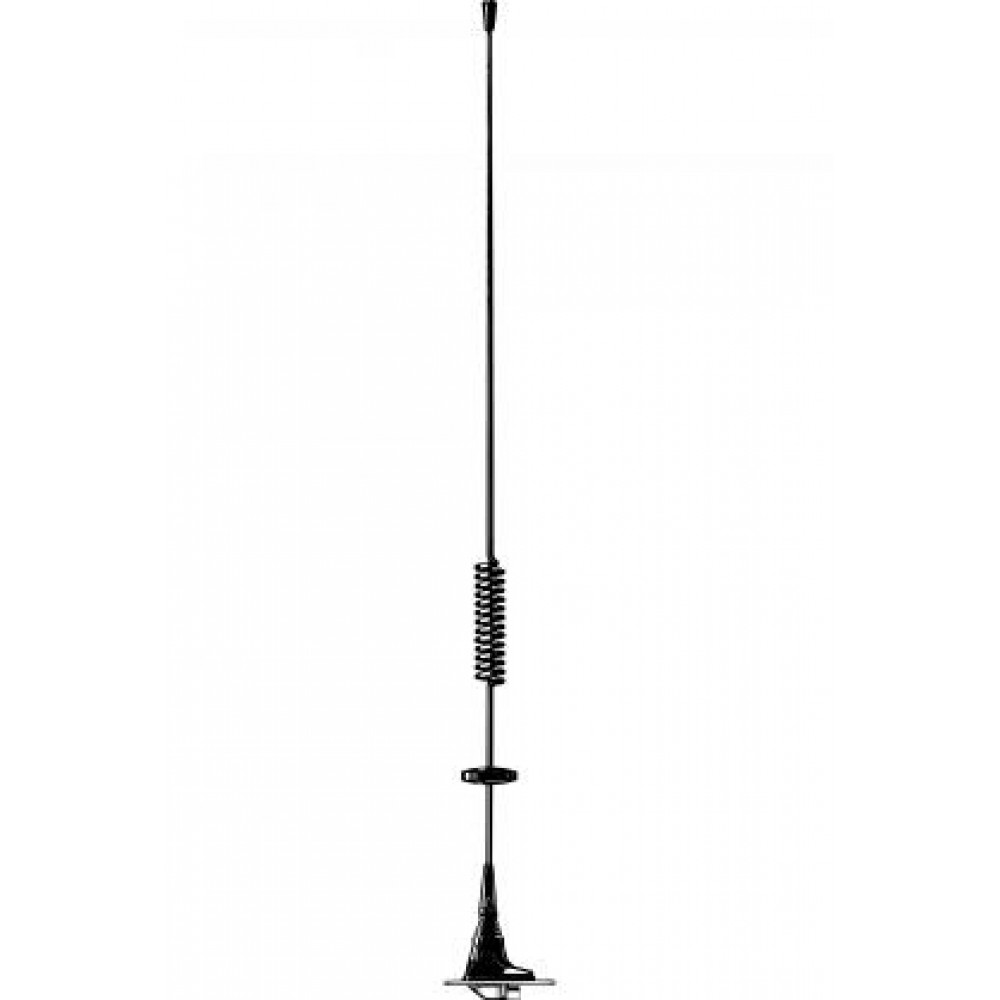 Zwarte staafantenne met spiraalwikkeling en basisplaat.