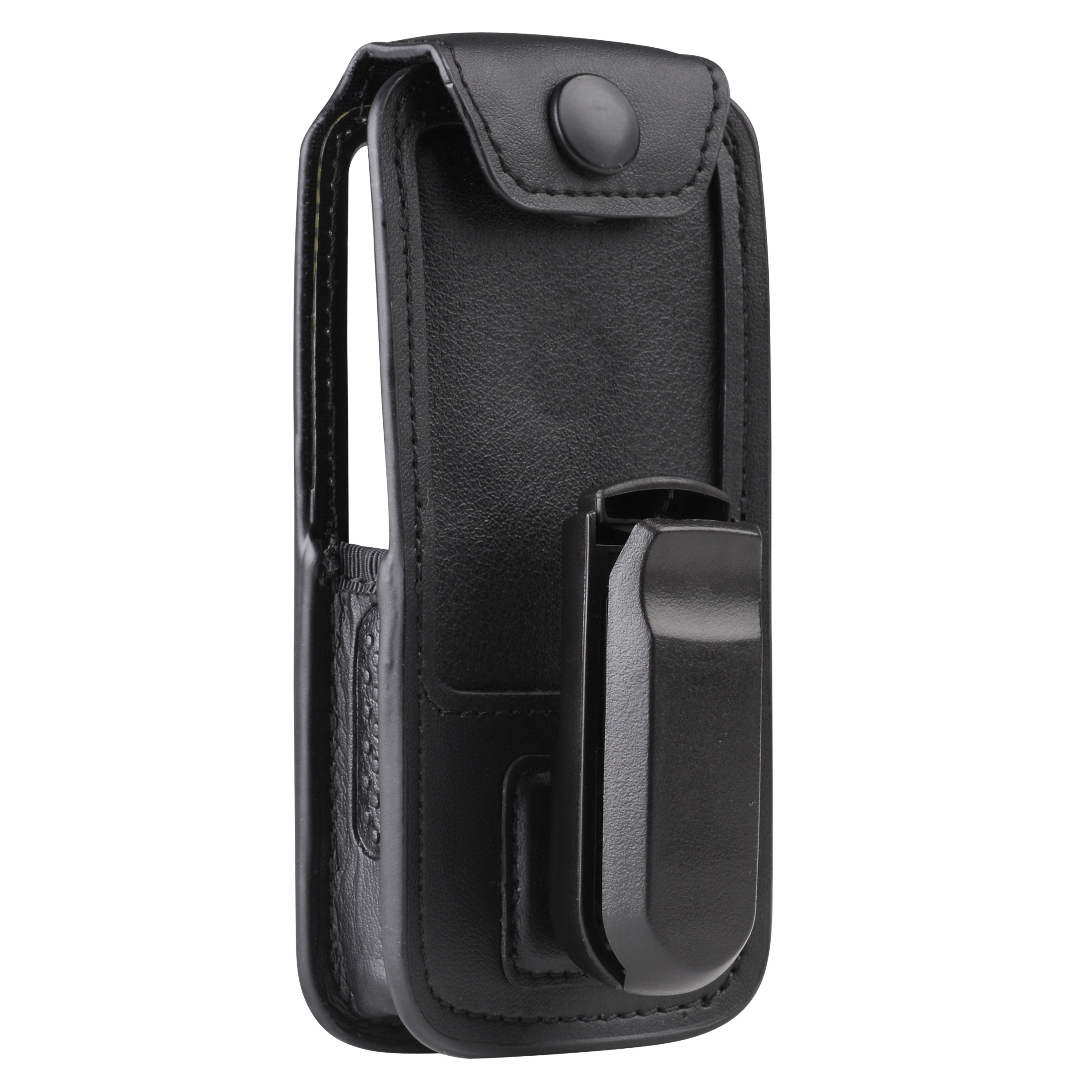 Zwarte leren hoes met riemclip en drukknoopsluiting.