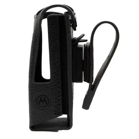 Zwart holster met riemclip, zijaanzicht.