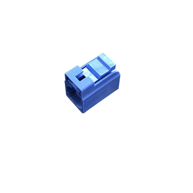 Blauwe kunststof connector met rechthoekige doorsnede.