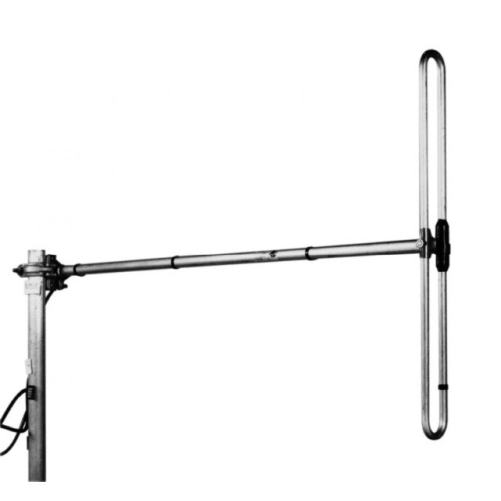 Metalen staaf met telescopische arm en ovale lus rechts.
