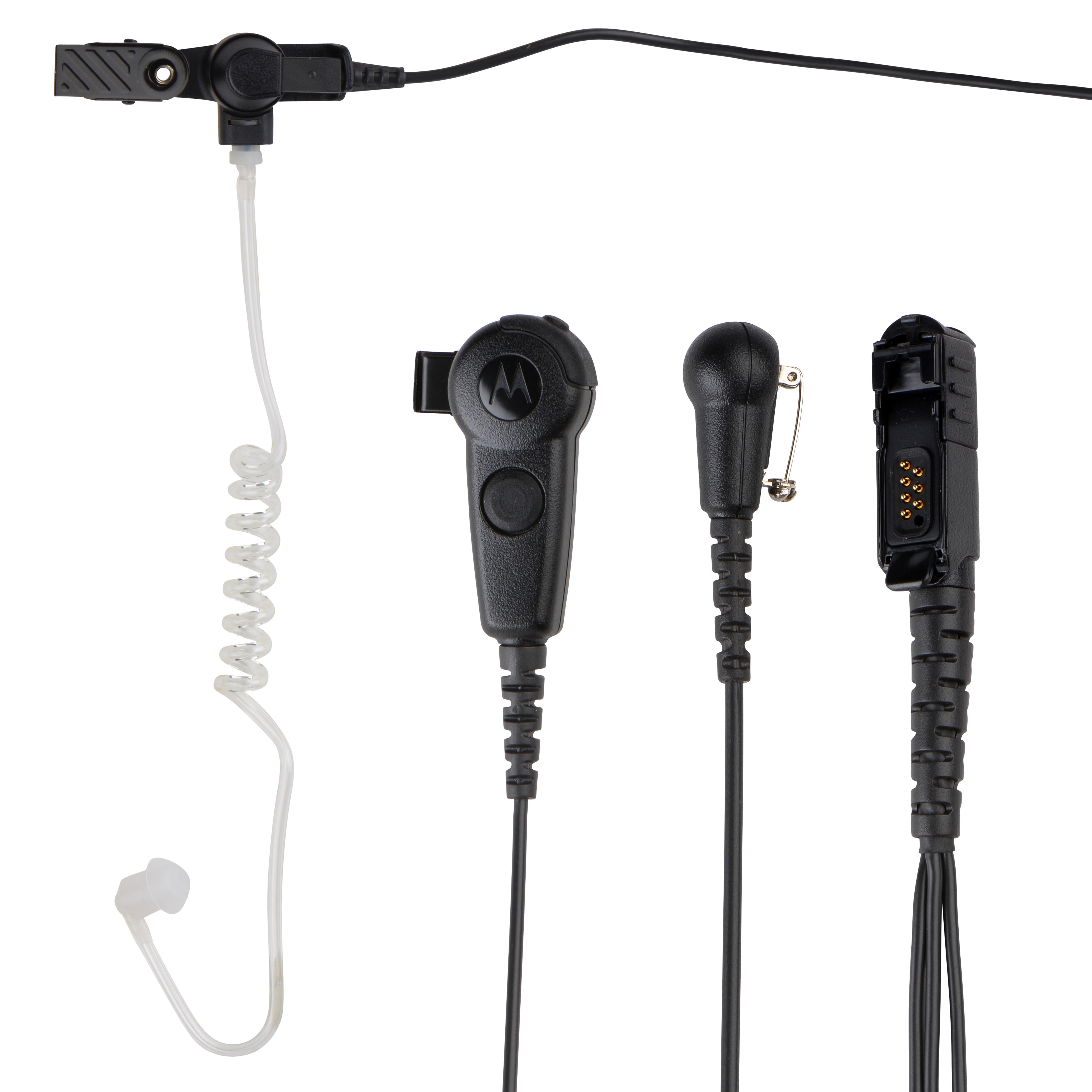 Zwart radioheadset met oordopje en connectors.