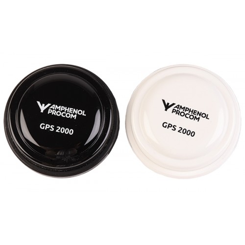 Deux couvercles ronds GPS 2000, noir et blanc, avec logo Amphenol Procom.