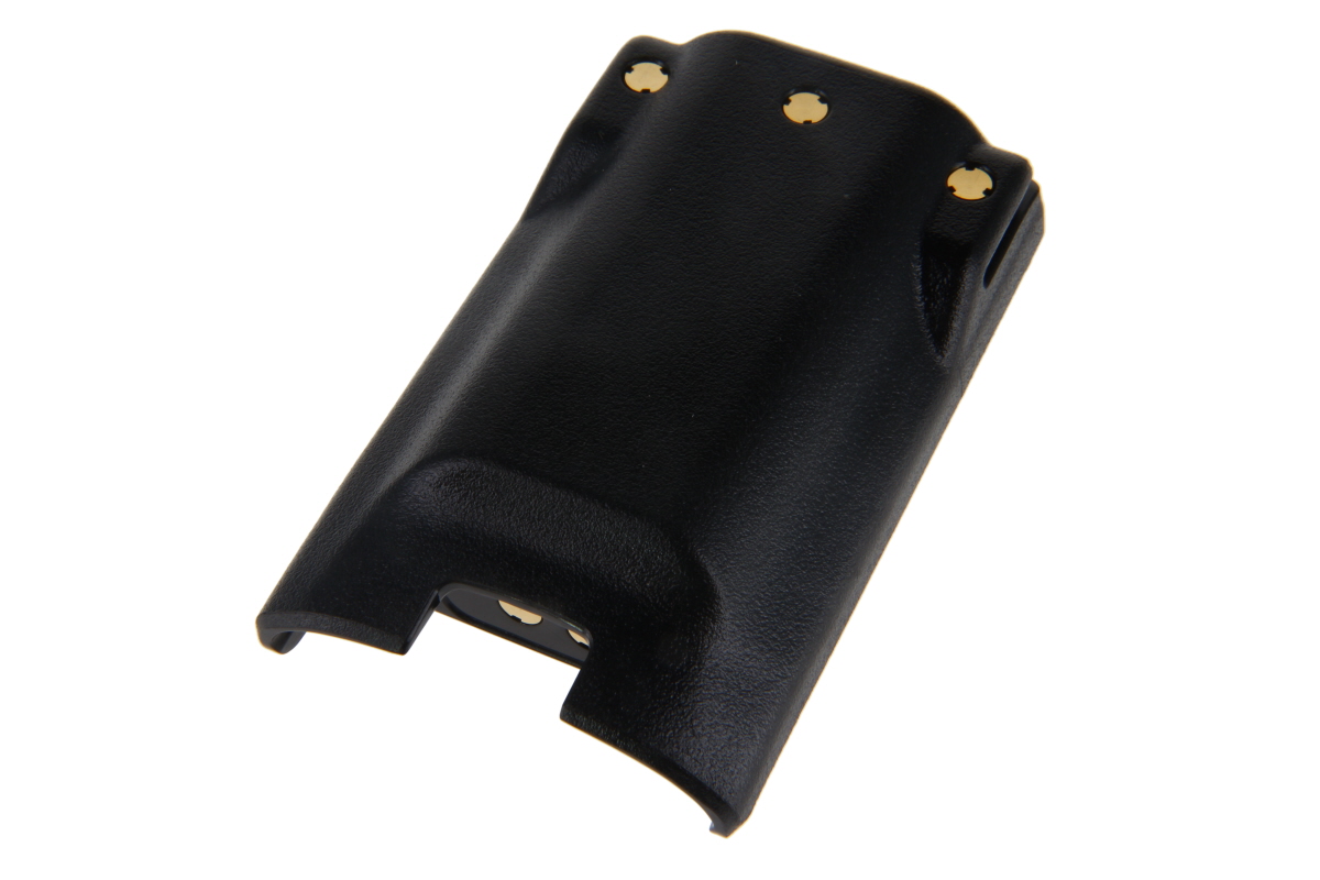 Batterie noire avec contacts dorés, forme rectangulaire.