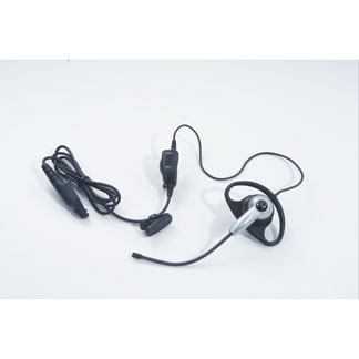 A wired headset with ear hook and microphone.