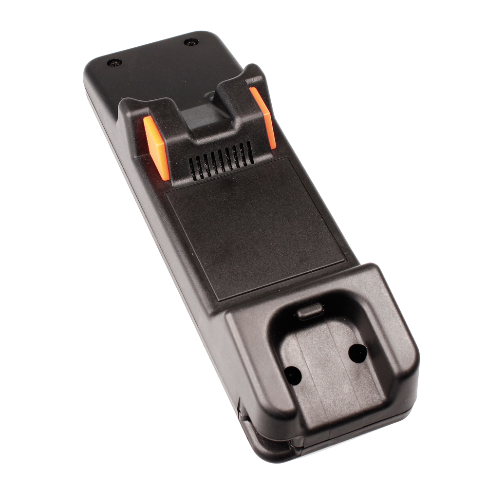 Zwarte oplader met oranje clips en aansluiting.
