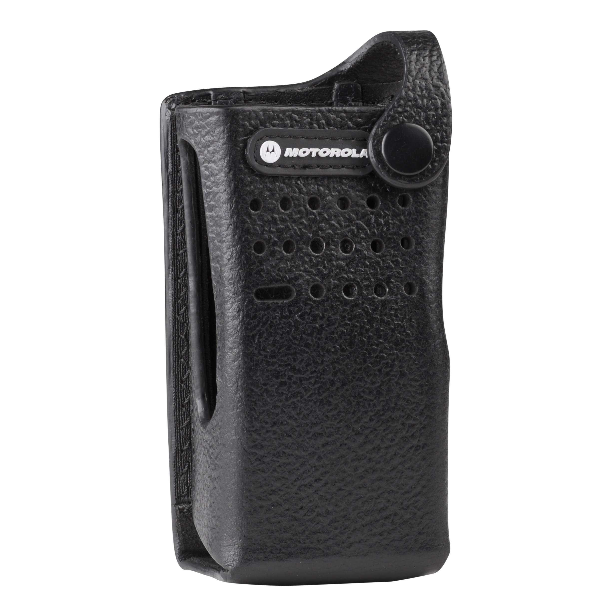 Black radio protective case with button closure.