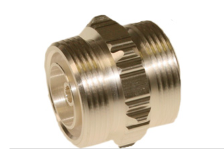 Metal adapter with external threads, cylindrical, serrated.