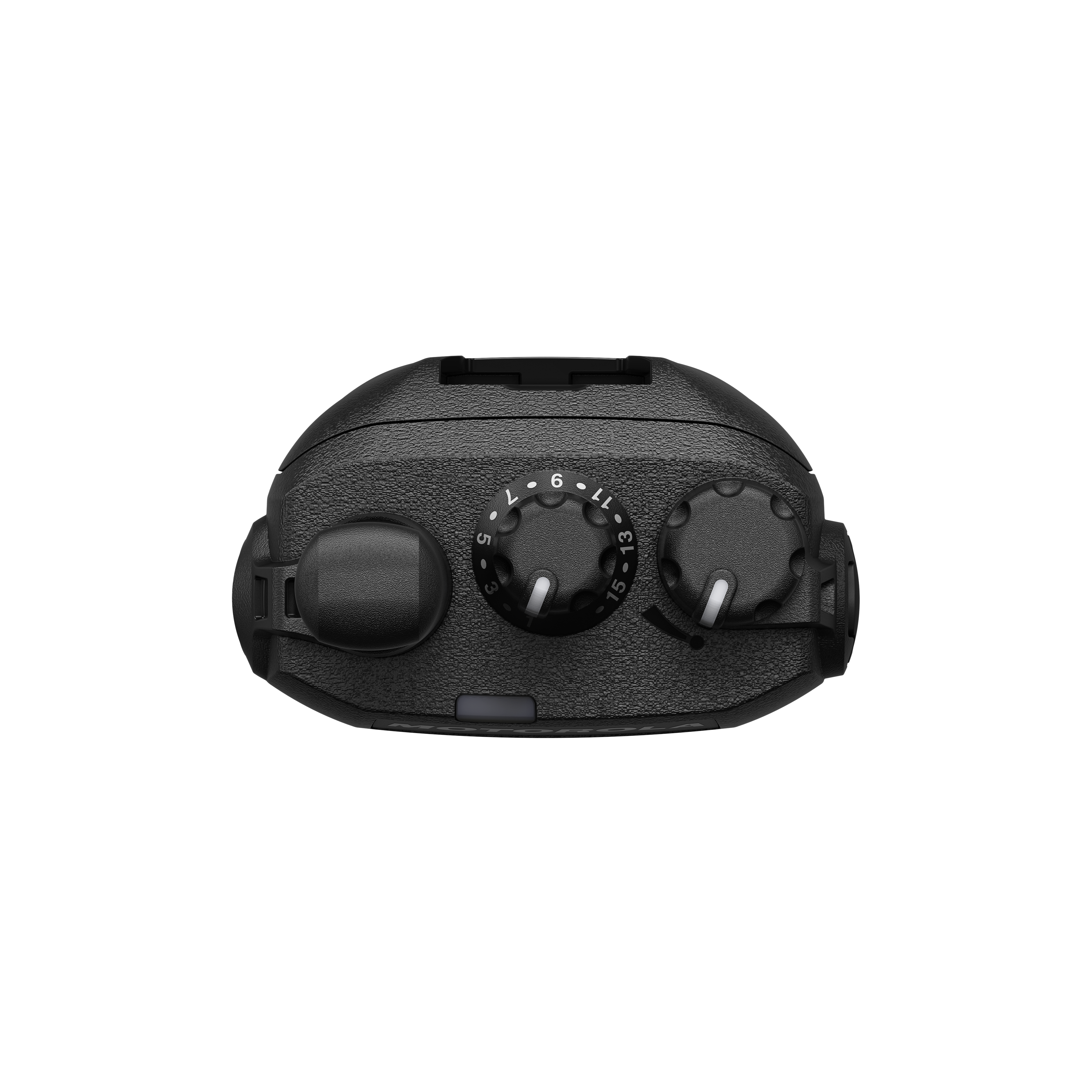 Top view of a camera with two dials and a button.
