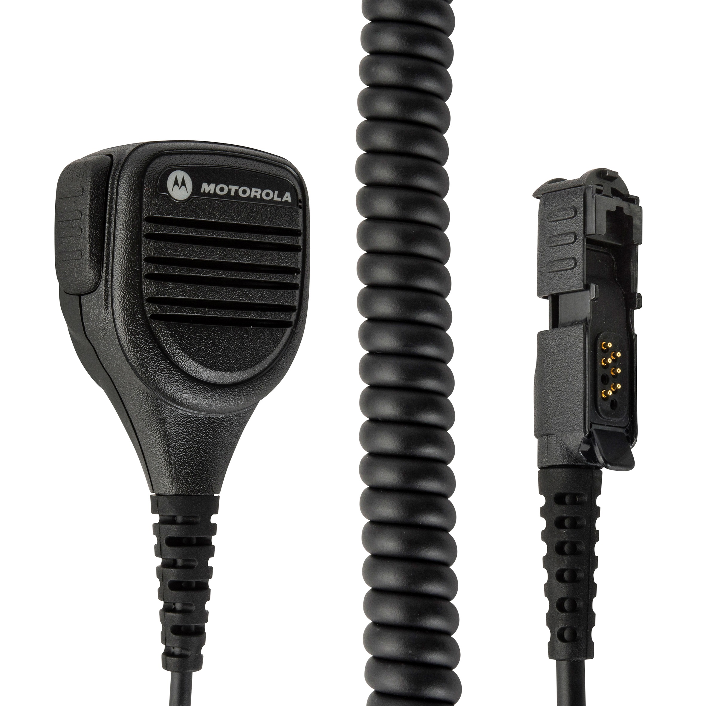 Zwartgrijze handmicrofoon met spiraalkabel en stekker.
