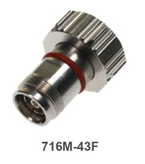 Metal connector 716M-43F with red sealing ring and ribbed edge.