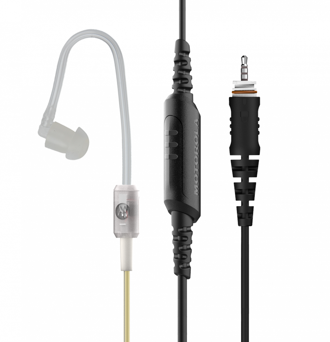 Earpiece with transparent tube and black plug, suitable for communication devices.