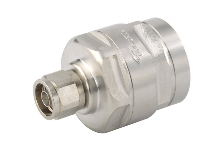 Silver, cylindrical stainless steel adapter with threaded connection.