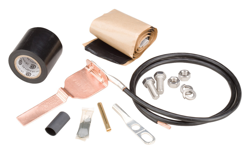 Installation kit with tape, cable, clamps, screws, nuts, and sealant.