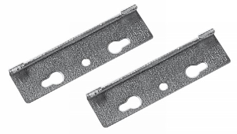 Two rectangular metal brackets with oval and round cutouts.