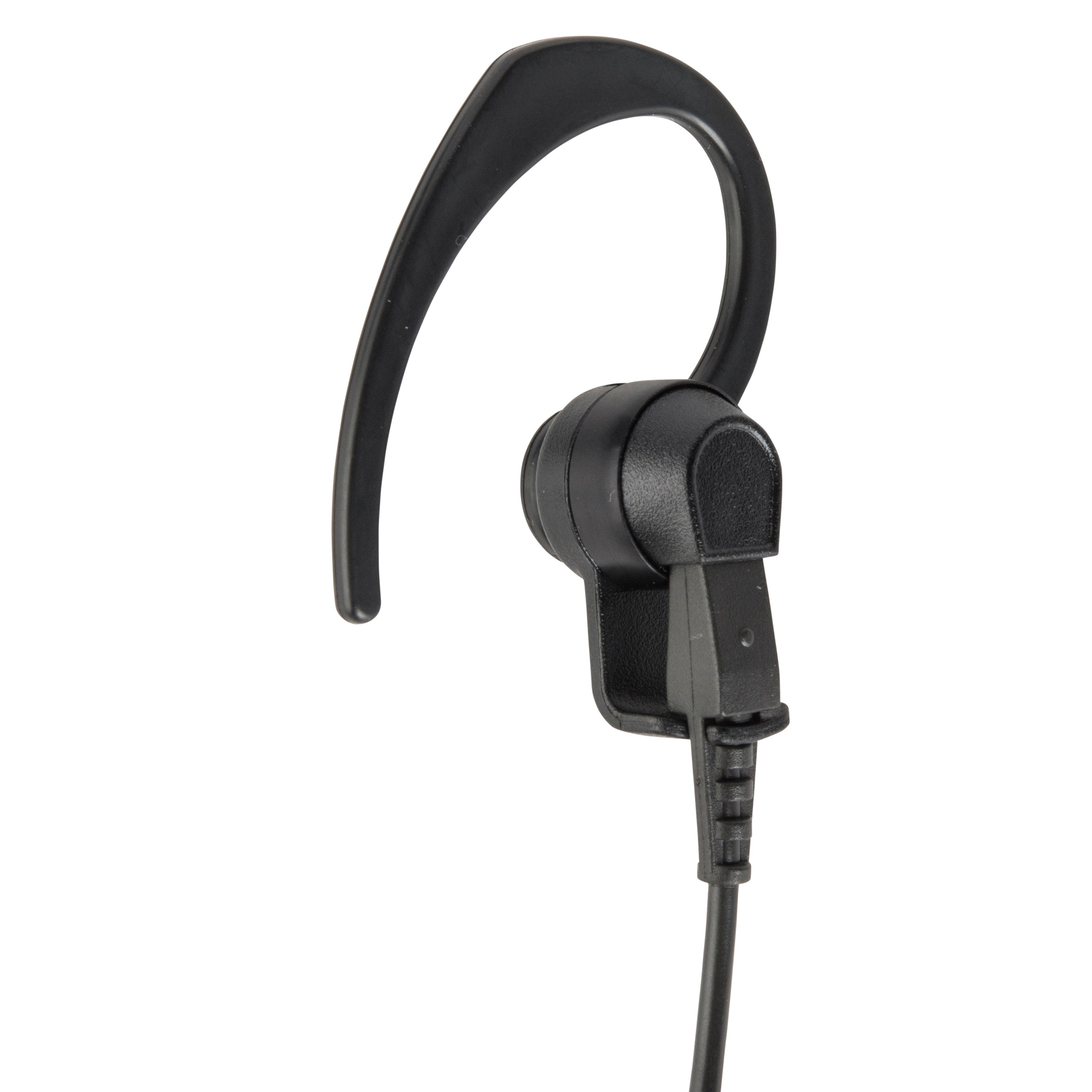 Black earphone with ear hook.