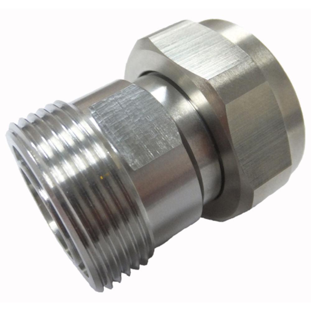 Metalen fitting met buitendraad en zeskante kop, linker aanzicht.