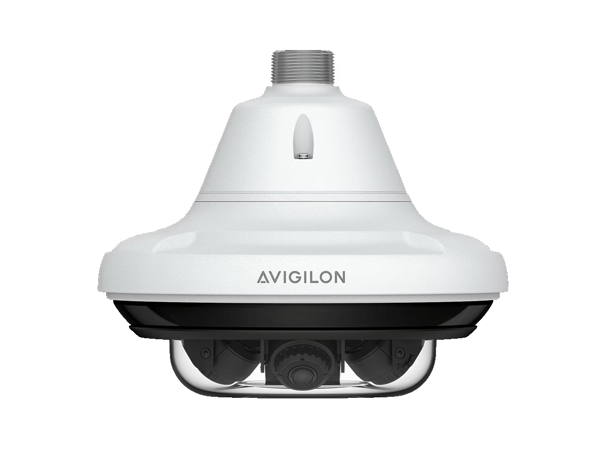 Caméra de surveillance 360 degrés avec boîtier blanc et logo Avigilon.