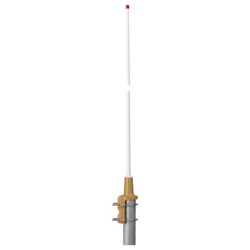 Tall whip antenna with metal mount, suitable for outdoor installation.