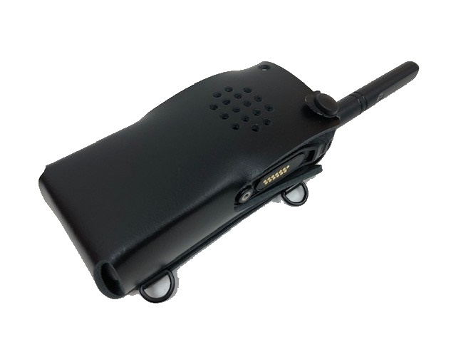 Black walkie-talkie with antenna and speaker grille.