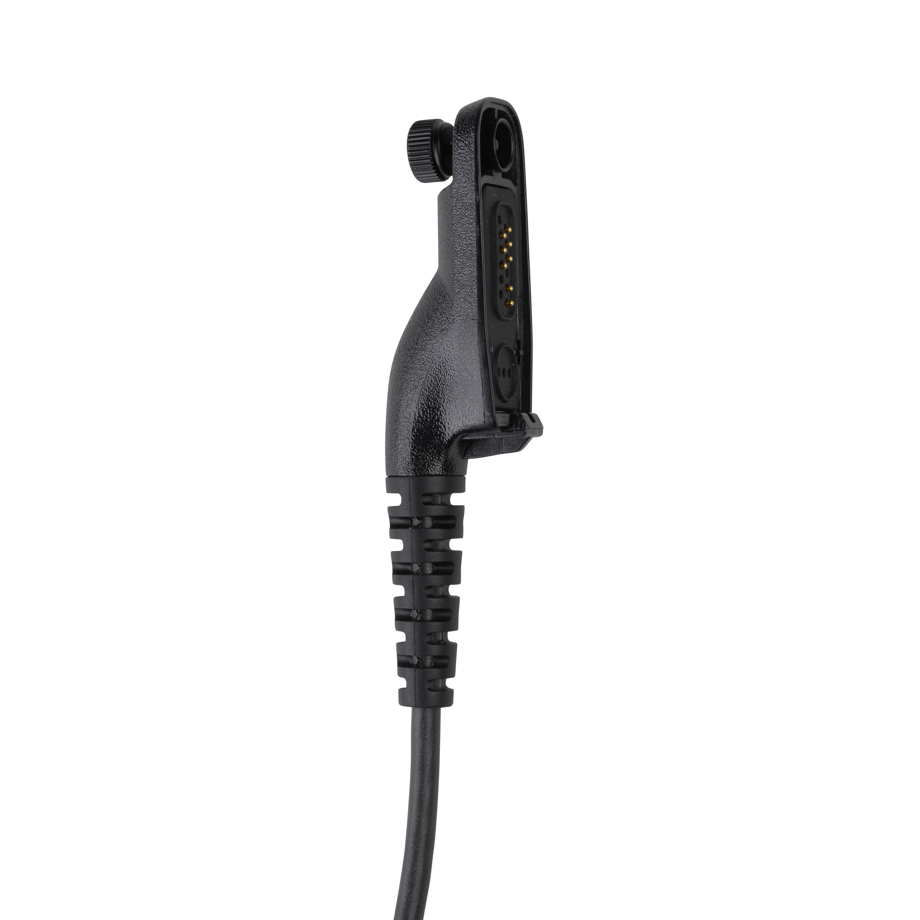 Zwarte elektrische connector met kabel en zijschroef.