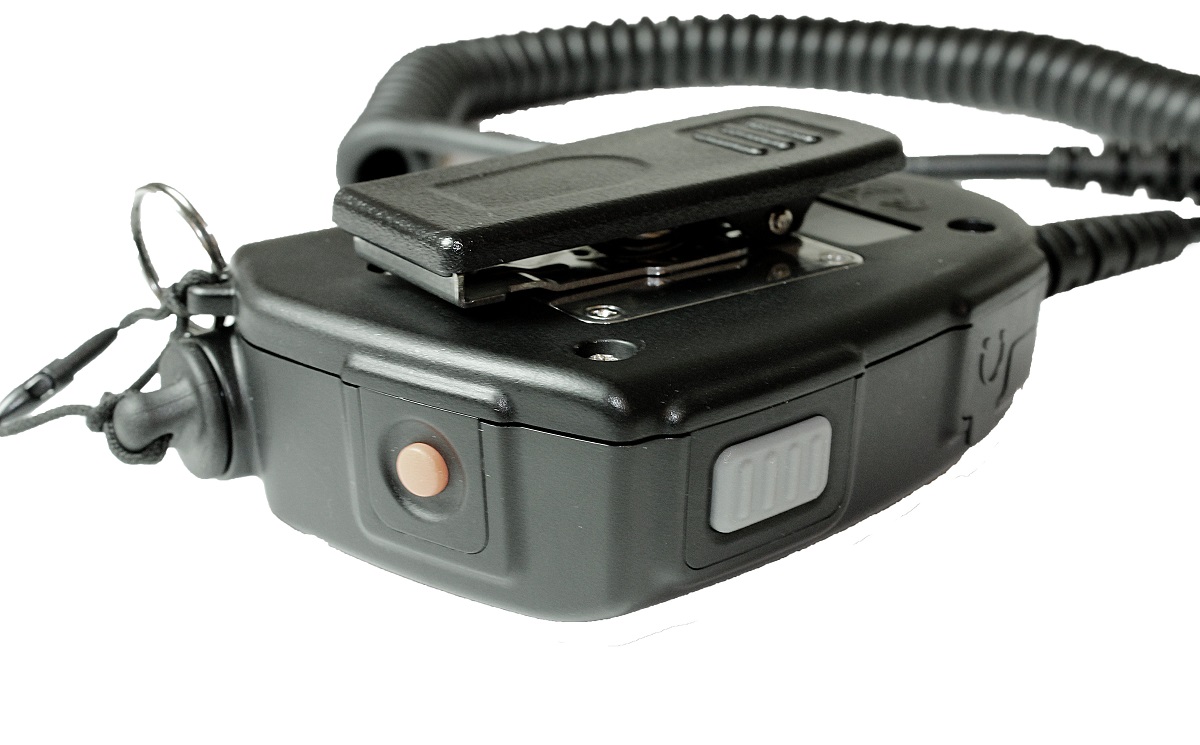 Black electronic device connector with coiled cable and multiple buttons.