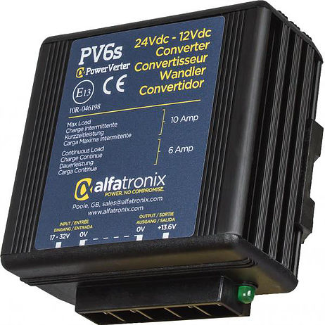 Spanningsomvormer PV6s van 24V naar 12V DC, max 10 Amp, 6 Amp continu gebruik.