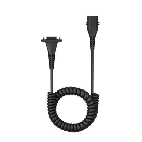 Zwart spiraalvormig telefoonkabel met rechthoekige stekkers aan beide uiteinden.